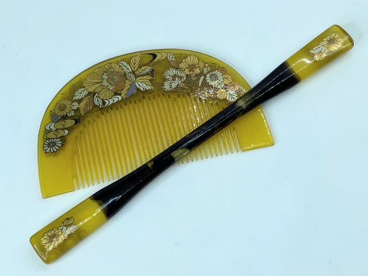 Japanese Decorated Gilt, Resinous, Kushi (Comb) & Kogai (HairStick) GS508