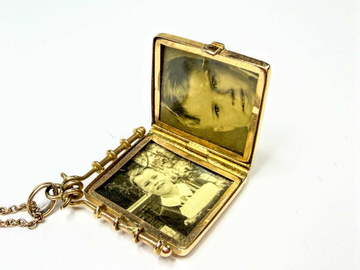 Mid-Century 14K Gold Ornate Engraved Book Photo Locket Necklace 9.5g 17.5"JR2207