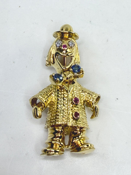 Vintage 18K Yellow Gold Multi-Stone Figural Clown Brooch Jewelry JR1487
