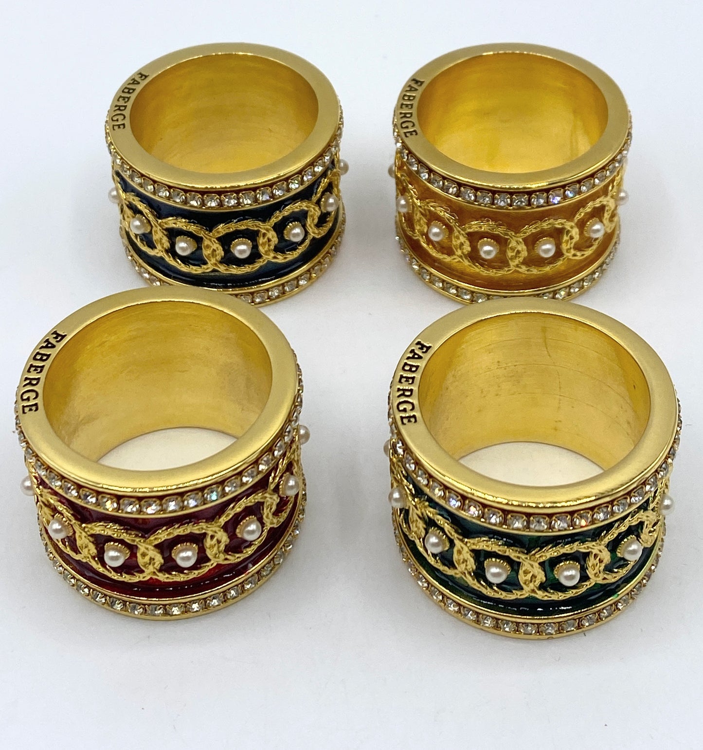 Beautiful Faberge Crystal & Enamel Napkin Ring Holders Set Of 4 with Box XN42