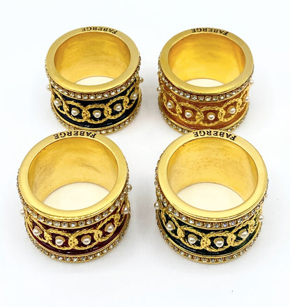 Beautiful Faberge Crystal & Enamel Napkin Ring Holders Set Of 4 with Box XN42