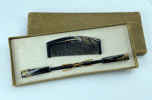 1920 children black Lacquered Kogai and Kushi gold with box GS512