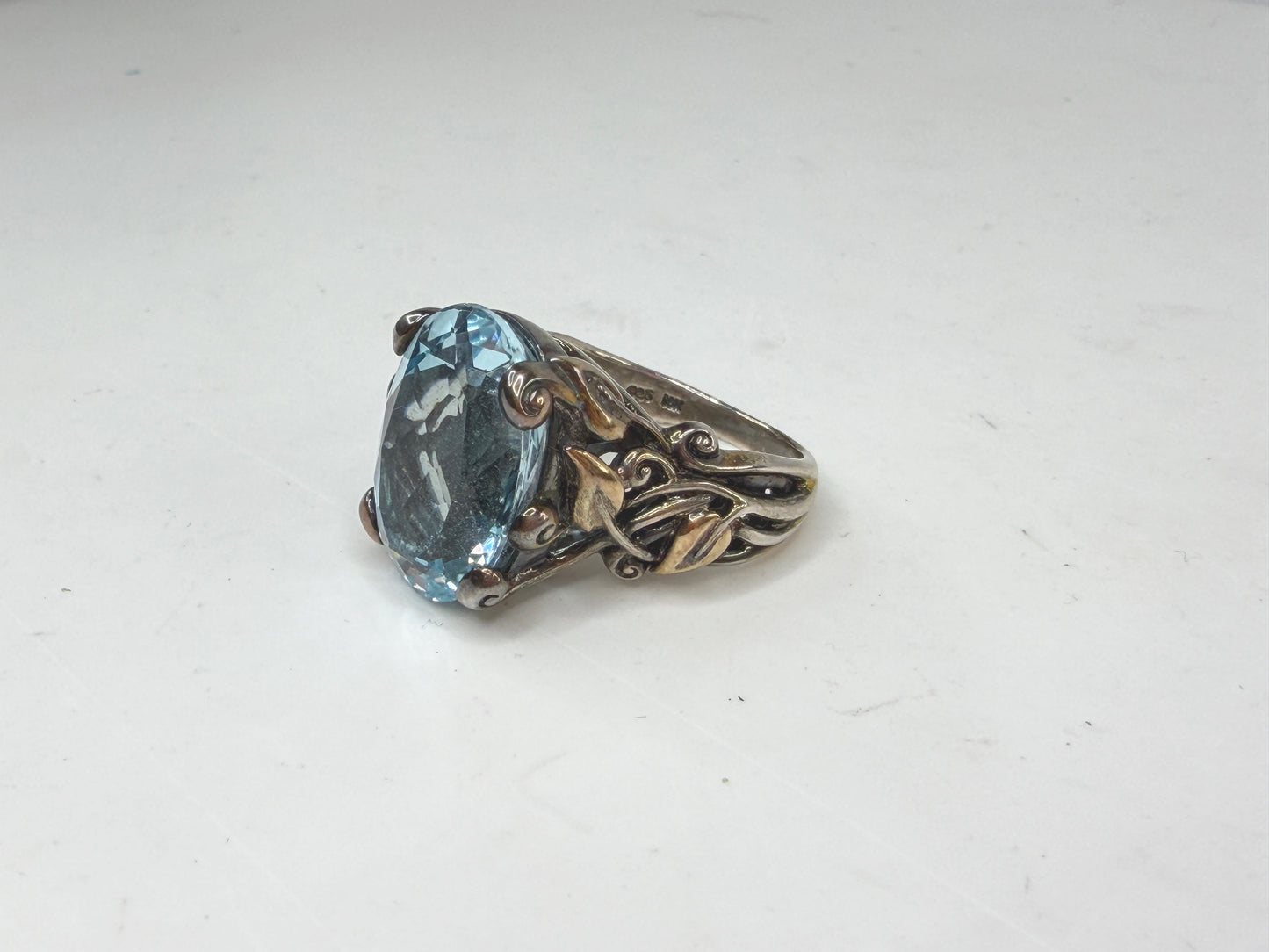 Vintage Barbara Bixby 18K Gold Sterling Silver Blue Topaz Flower Ring JR1488