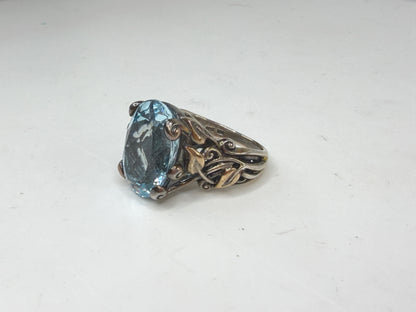 Vintage Barbara Bixby 18K Gold Sterling Silver Blue Topaz Flower Ring JR1488