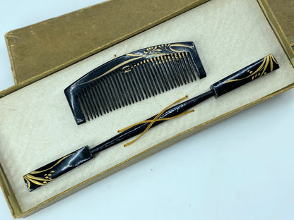 1920 children black Lacquered Kogai and Kushi gold with box GS512