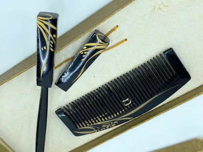 1920 children black Lacquered Kogai and Kushi gold with box GS512