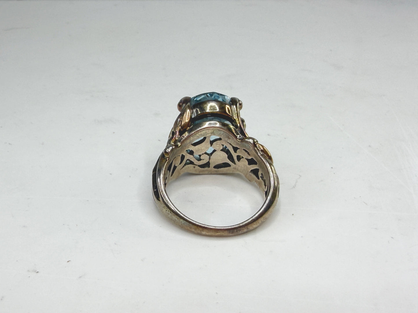 Vintage Barbara Bixby 18K Gold Sterling Silver Blue Topaz Flower Ring JR1488