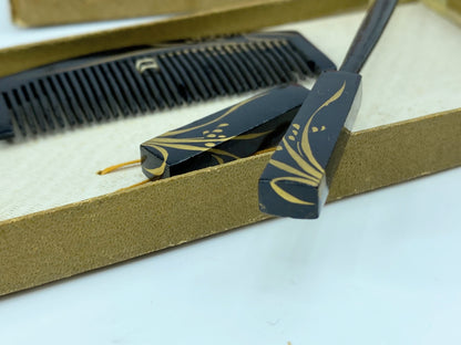 1920 children black Lacquered Kogai and Kushi gold with box GS512