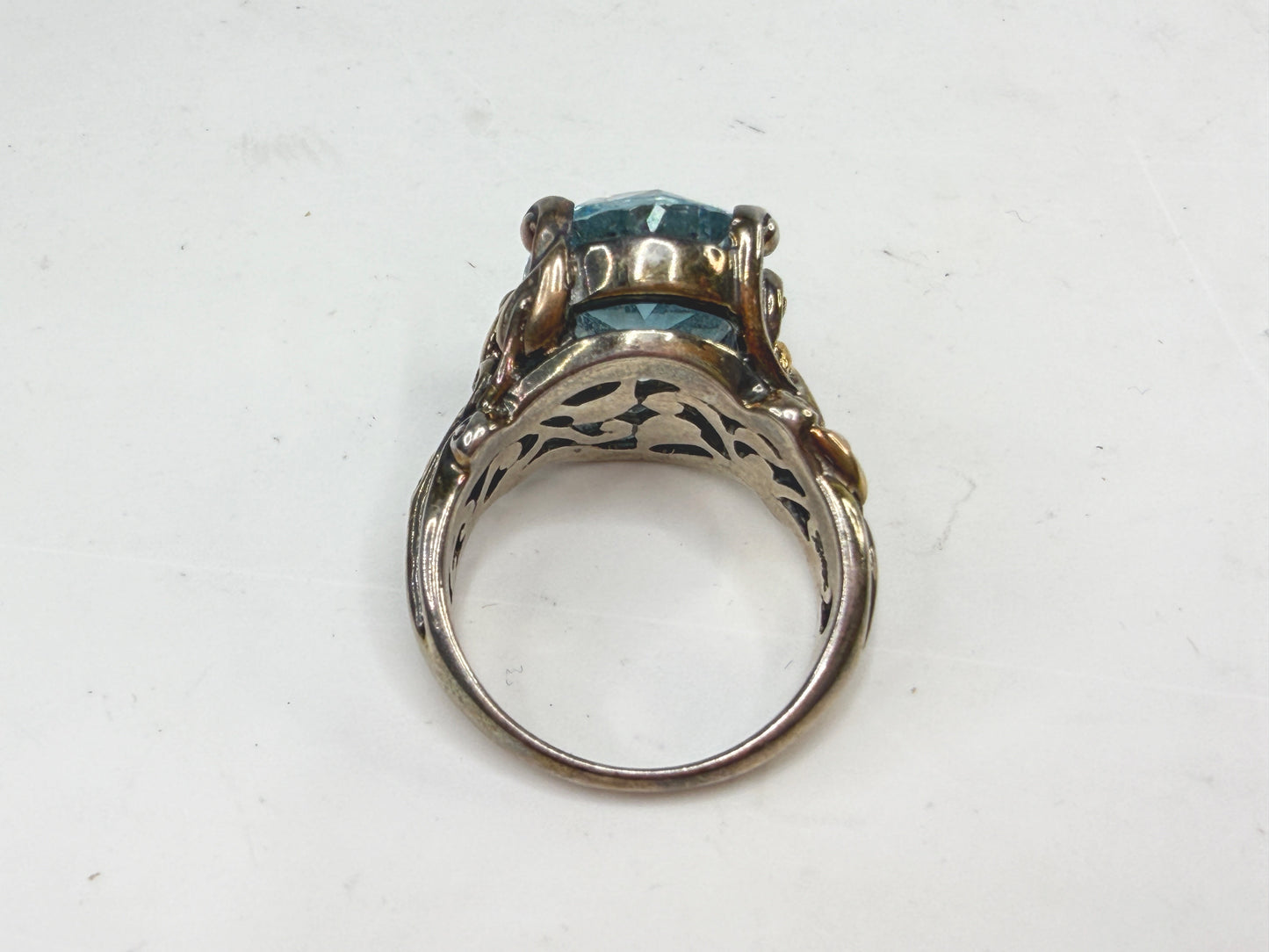 Vintage Barbara Bixby 18K Gold Sterling Silver Blue Topaz Flower Ring JR1488