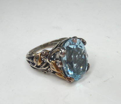 Vintage Barbara Bixby 18K Gold Sterling Silver Blue Topaz Flower Ring JR1488