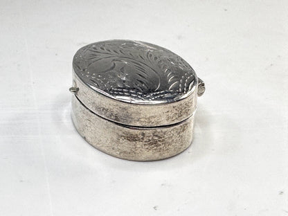 Vintage Sterling Silver Engraved Oval Pill Trinket Box Floral SS357
