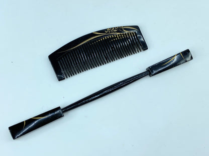 1920 children black Lacquered Kogai and Kushi gold with box GS512