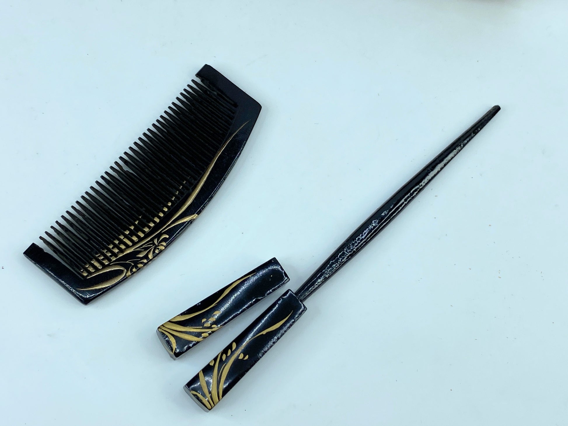 1920 children black Lacquered Kogai and Kushi gold with box GS512