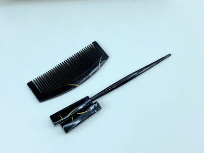 1920 children black Lacquered Kogai and Kushi gold with box GS512