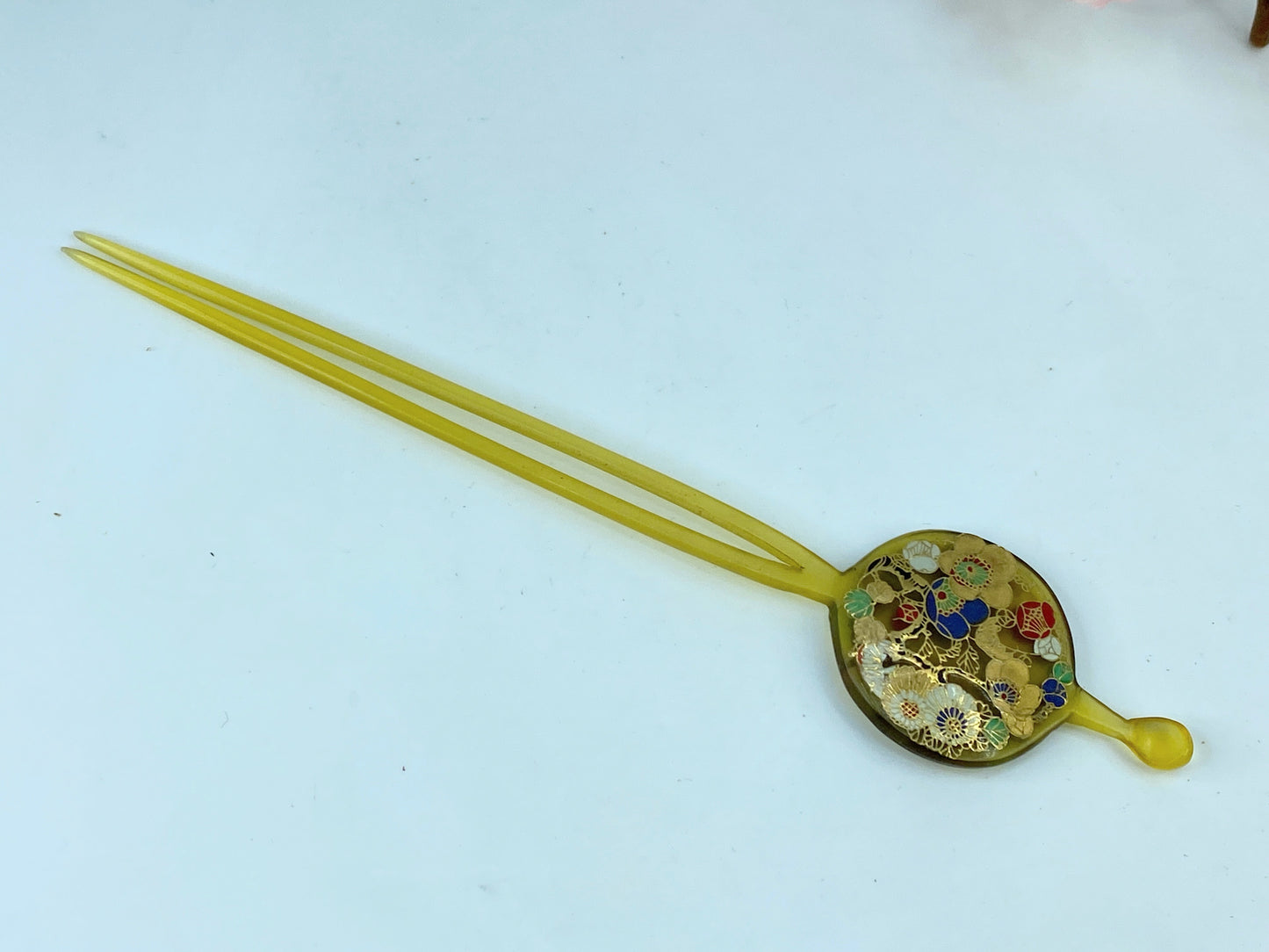 Vintage Japan Kushi flat head Sakura faux tortoise shell hair stick GS513