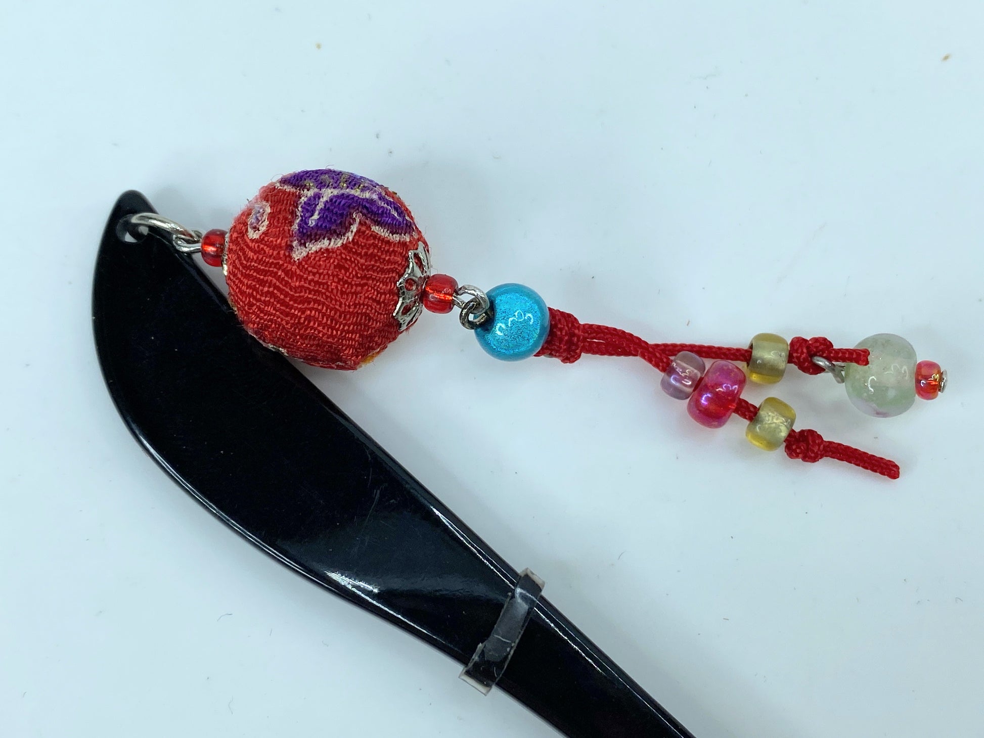 Rare Japanese Lacque black wooden Chirima ball crystal blue bead hairpin GS515