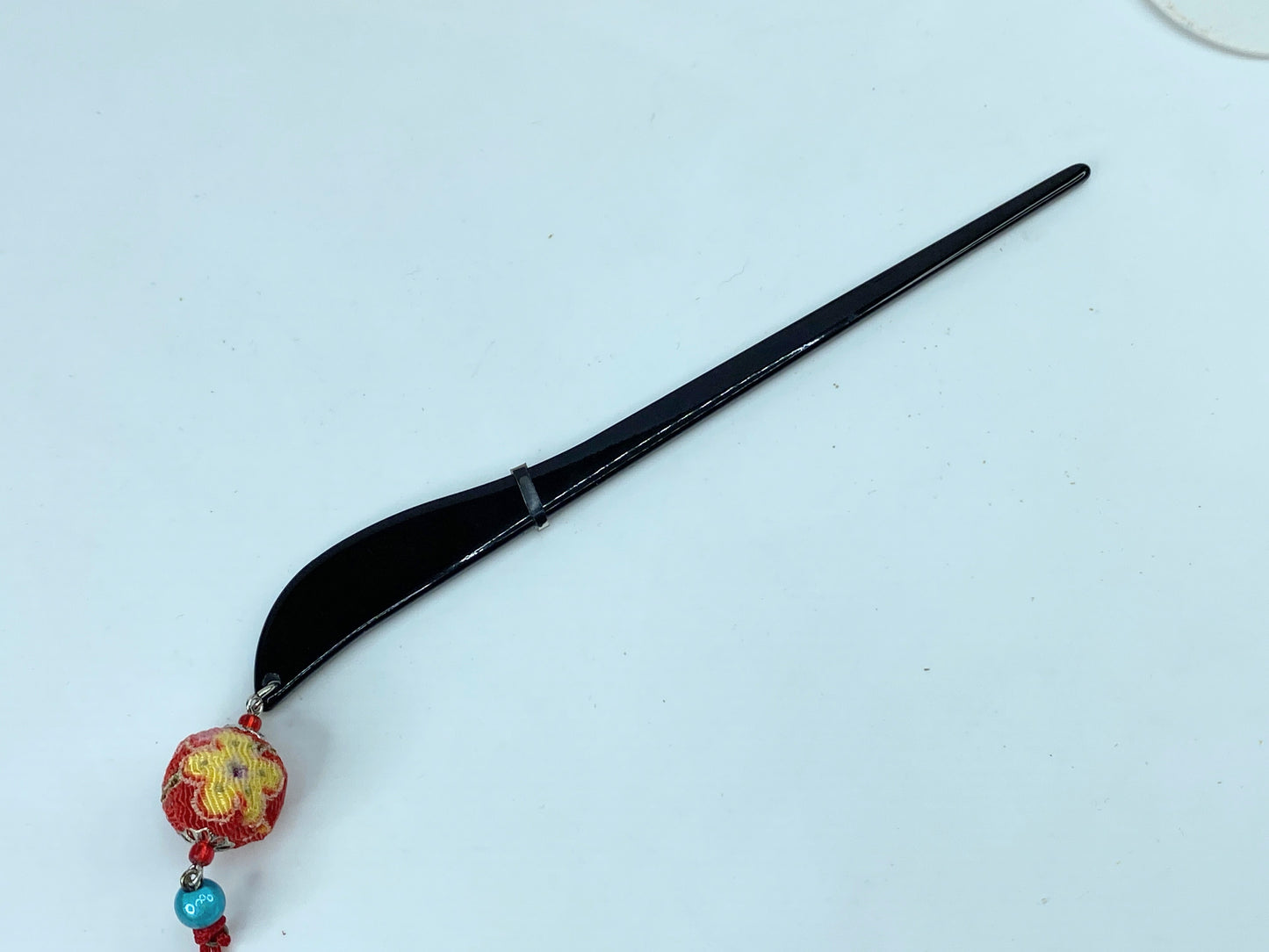 Rare Japanese Lacque black wooden Chirima ball crystal blue bead hairpin GS515