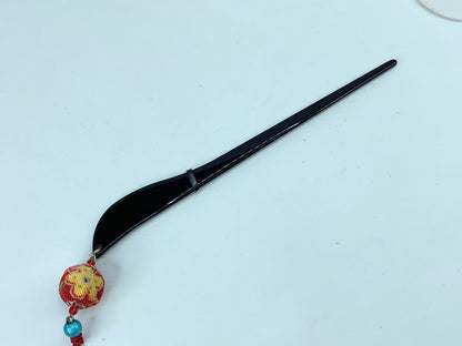 Rare Japanese Lacque black wooden Chirima ball crystal blue bead hairpin GS515