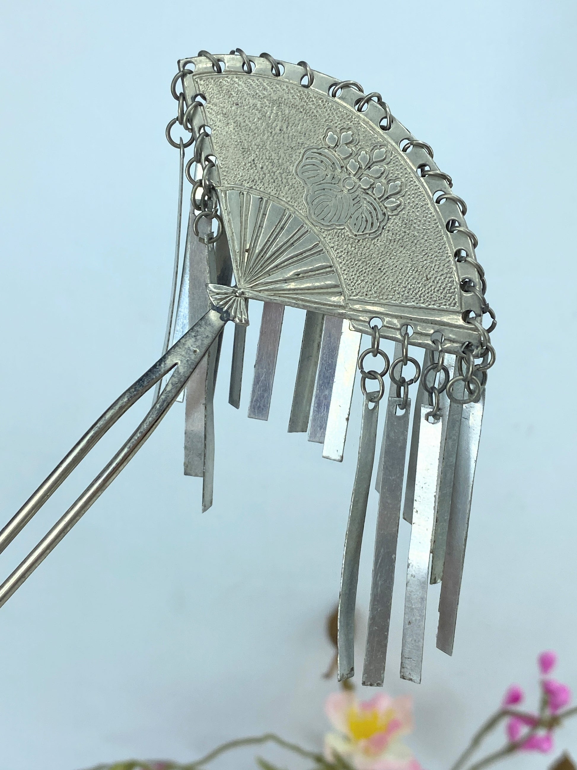 Silver Metal Kanzashi Ogi Bira Traditional Hair Accessory Nihongami GS516