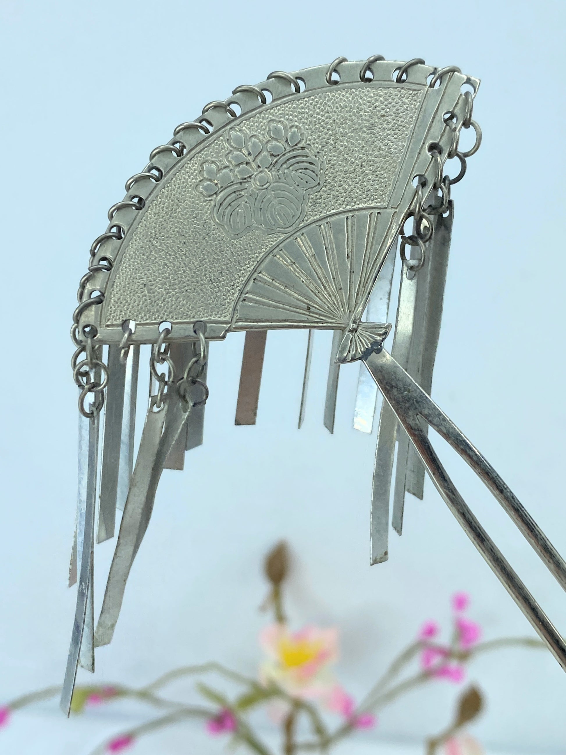 Silver Metal Kanzashi Ogi Bira Traditional Hair Accessory Nihongami GS516
