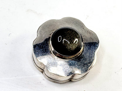 Vintage Sterling Silver Black Cat's Eye Flower Pill Trinket Box SS363