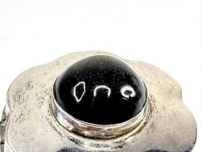 Vintage Sterling Silver Black Cat's Eye Flower Pill Trinket Box SS363
