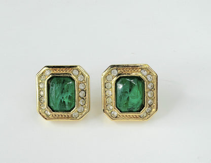 Christian Dior 1980s Gripoix Crystal Emerald Octagon pierced earrings JR9487