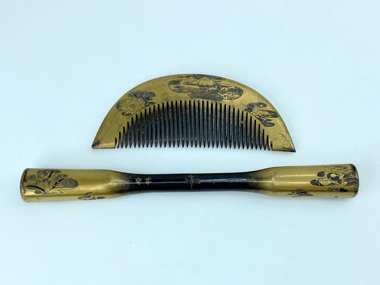 Japanese kanzashi comb and hairpin gold lacquer Pond flower Signed c1950 GS517