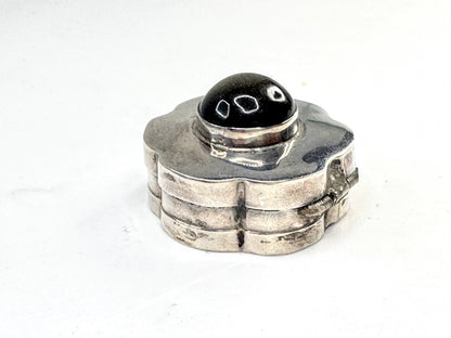 Vintage Sterling Silver Black Cat's Eye Flower Pill Trinket Box SS363