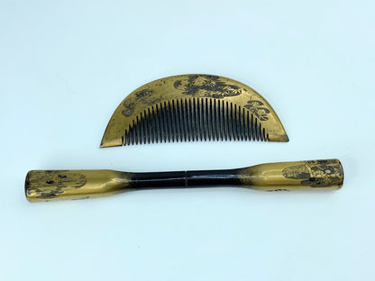 Japanese kanzashi comb and hairpin gold lacquer Pond flower Signed c1950 GS517