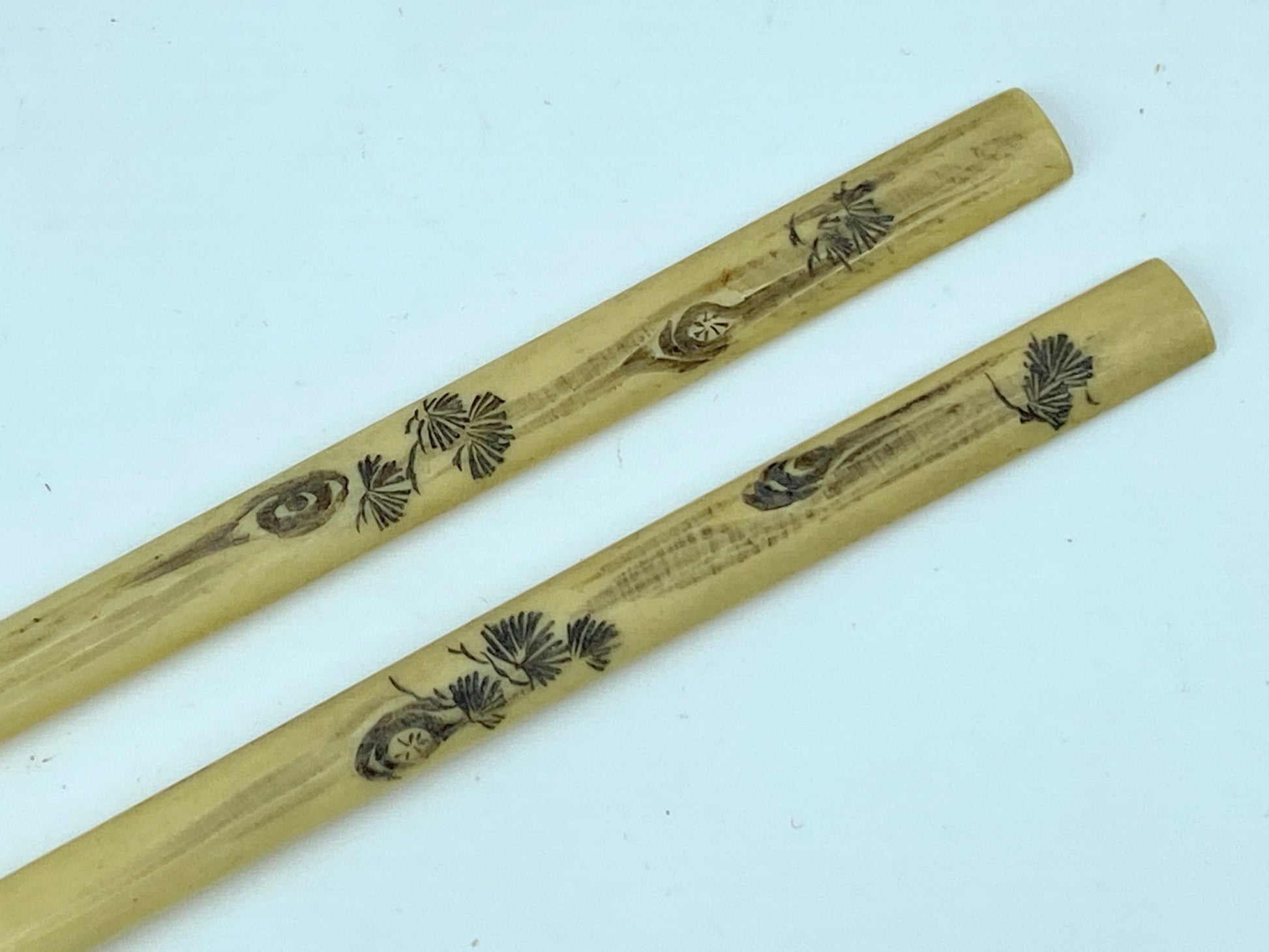 Art Deco Japanese Scrimshaw bone polychrome hairsticks 6.5" GS518
