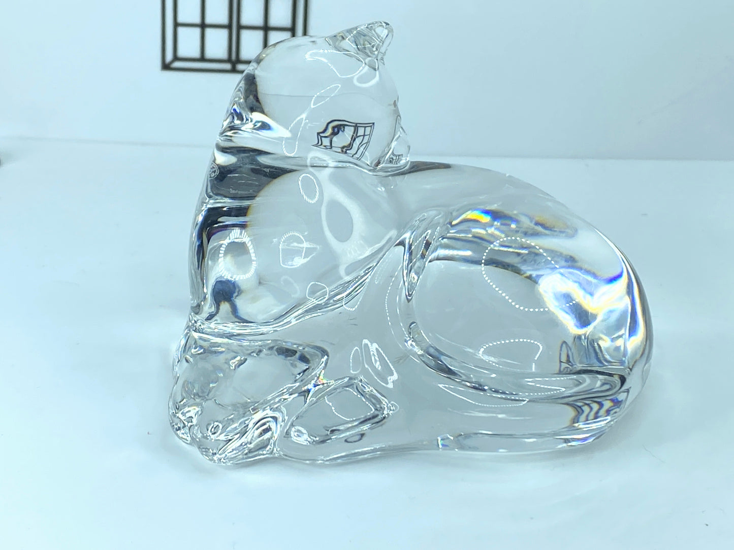 Baccarat Grooming Reclining Laying Cat Crystal Figurine Stamped 5"