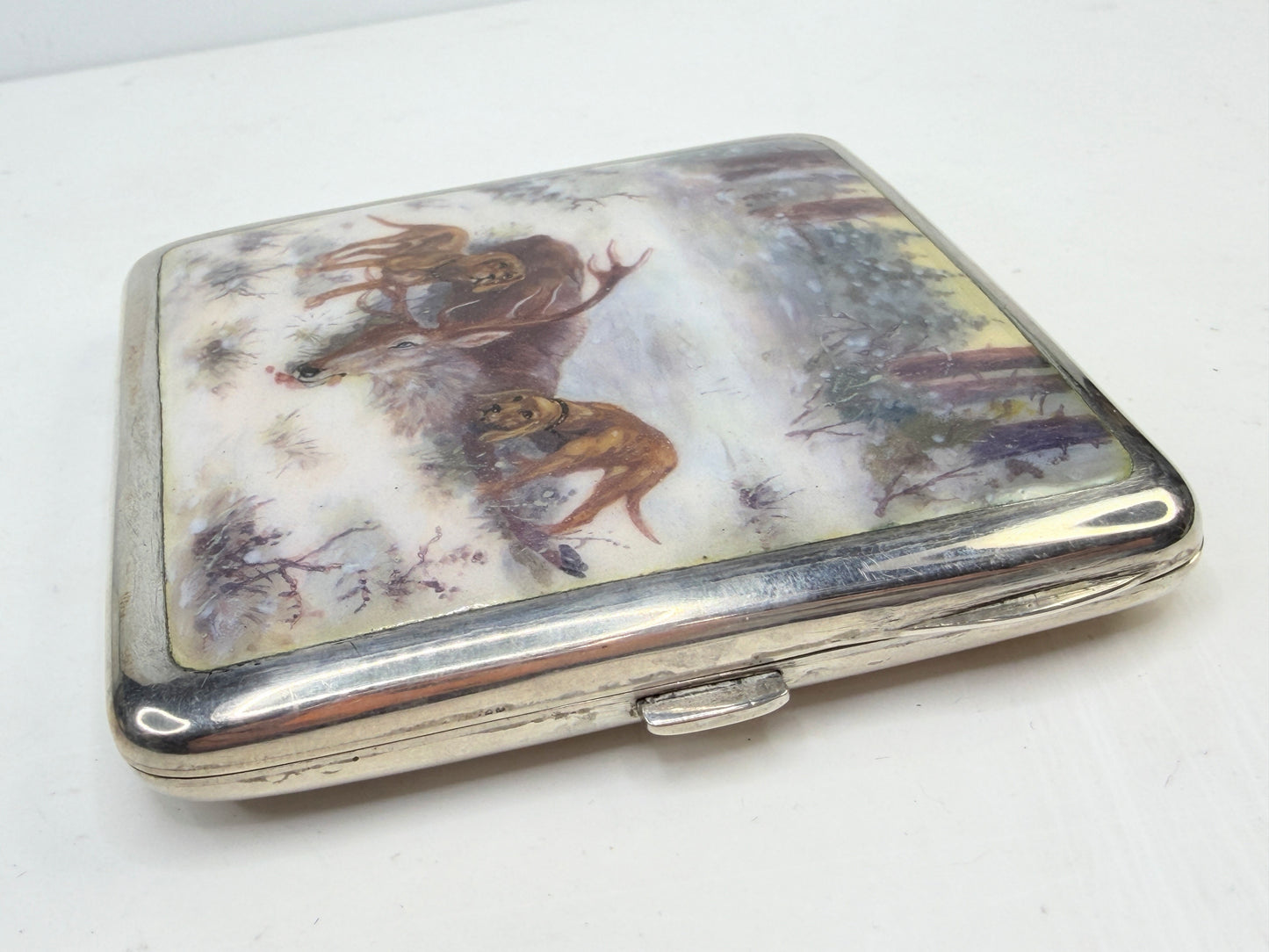 German 800 silver with hand-painted enamel hunting scene SS283