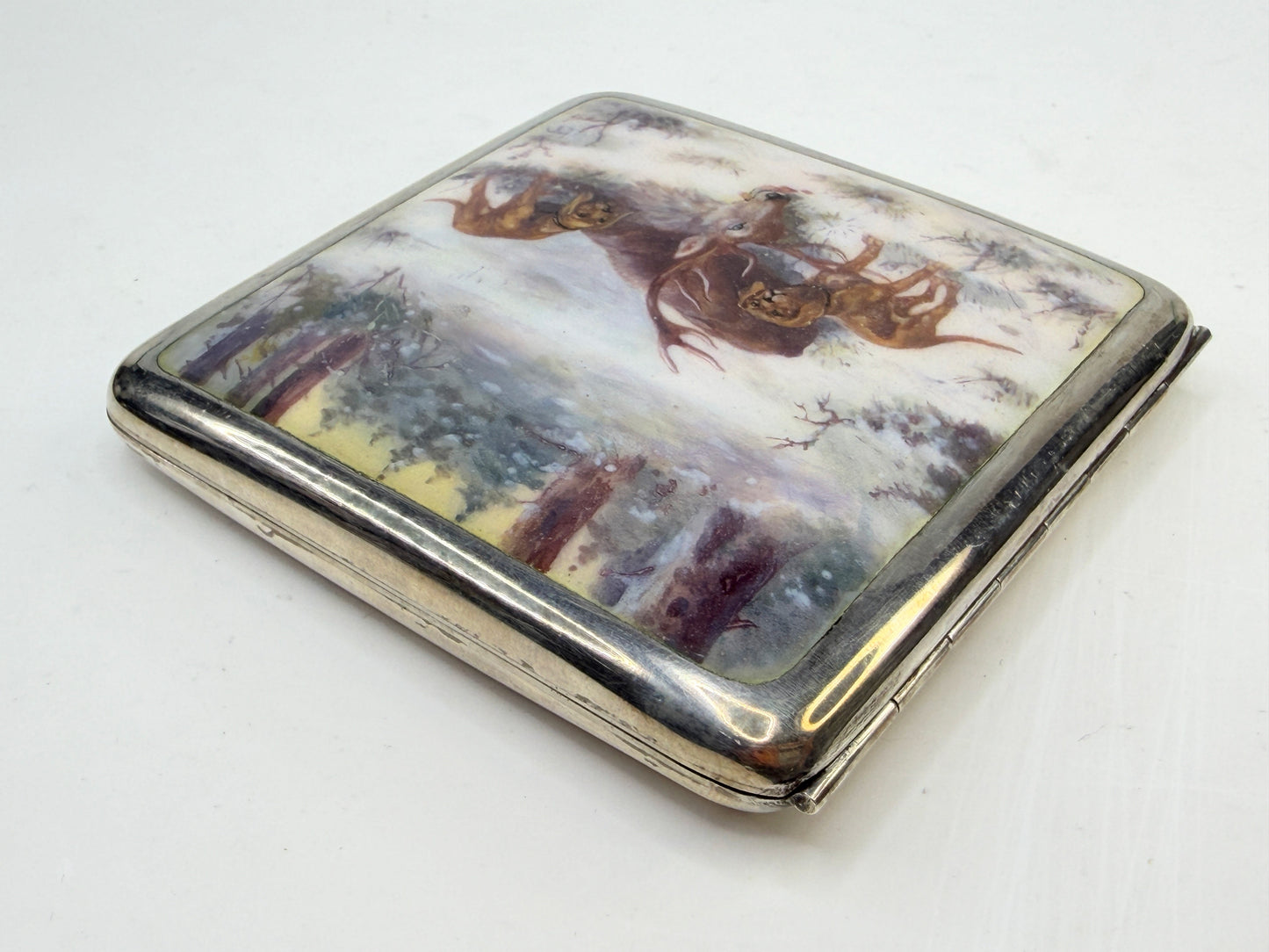 German 800 silver with hand-painted enamel hunting scene SS283