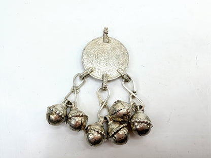 Vintage Silver Coin Charm Pendant With Dangle Bells Ethnic Tribal JR1495
