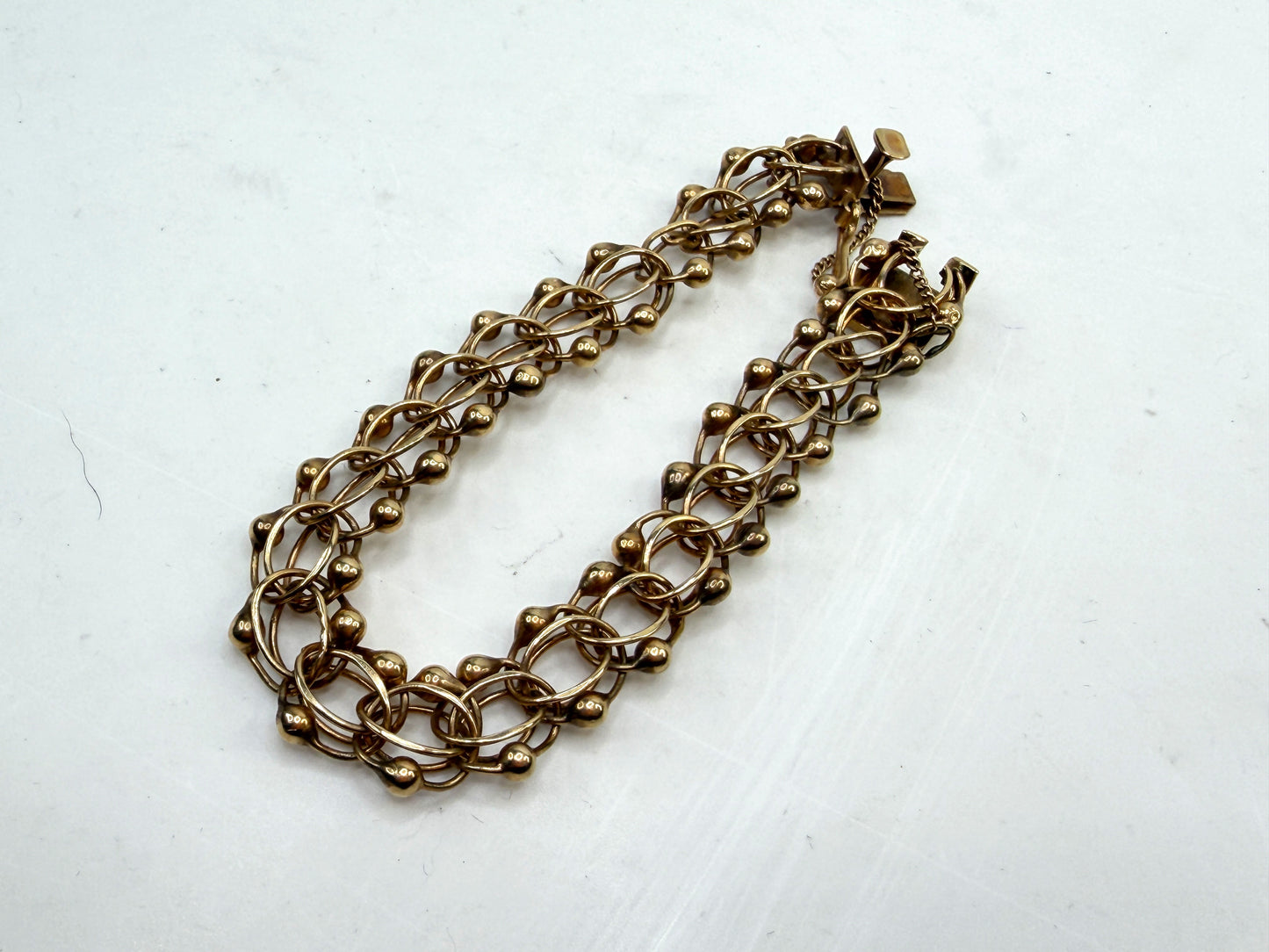 Vintage 14K Yellow Gold Textured Triple Link Charm Bracelet 15g 7in JR1496