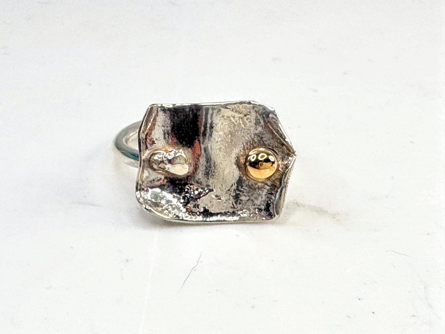 Handmade Mixed Metal Sterling Silver 14K Gold Artisan Modernist Ring s7.5 JR1642