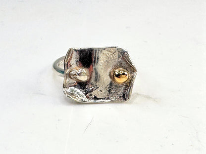 Handmade Mixed Metal Sterling Silver 14K Gold Artisan Modernist Ring s7.5 JR1642