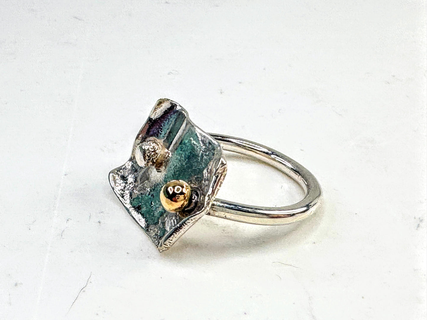 Handmade Mixed Metal Sterling Silver 14K Gold Artisan Modernist Ring s7.5 JR1642
