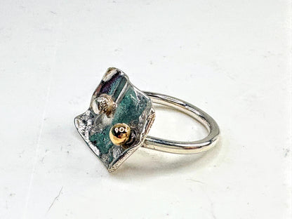 Handmade Mixed Metal Sterling Silver 14K Gold Artisan Modernist Ring s7.5 JR1642
