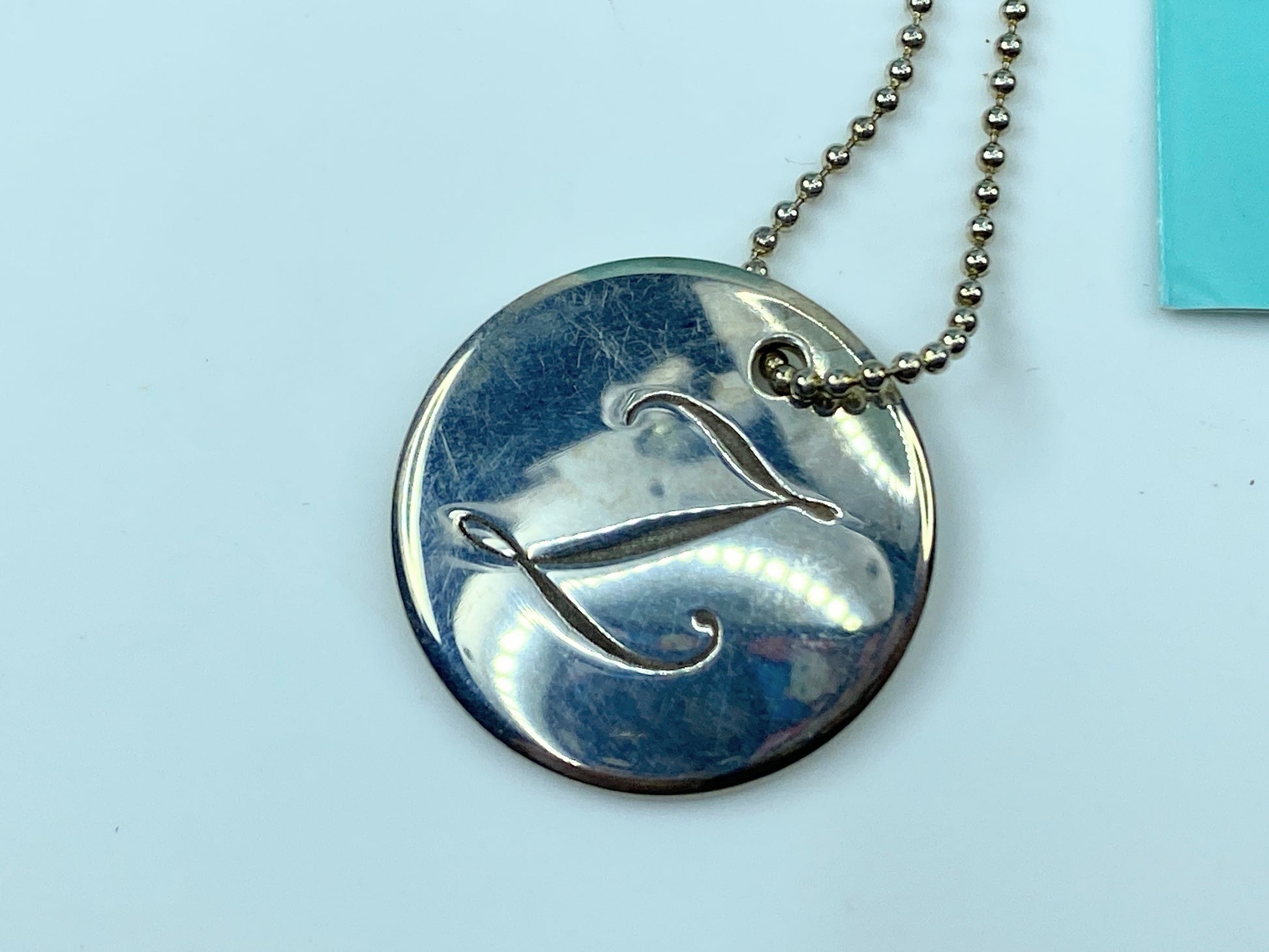 Tiffany & Co Sterling Initial Letter 'Z' Circle Disc Pendant Bead Necklace JR345