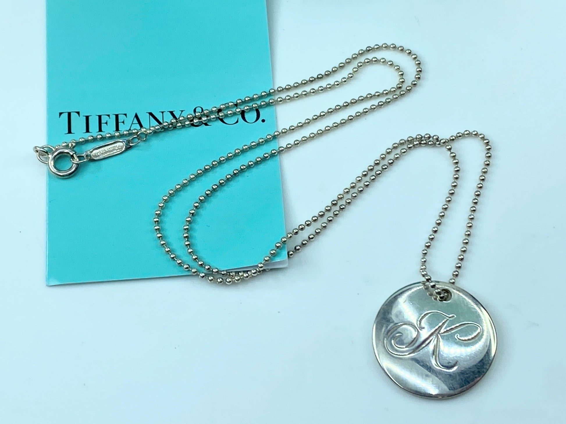 Tiffany & Co Sterling Initial Letter 'K' Circle Disc Pendant Bead Necklace JR347