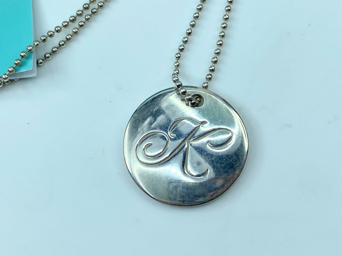 Tiffany & Co Sterling Initial Letter 'K' Circle Disc Pendant Bead Necklace JR347