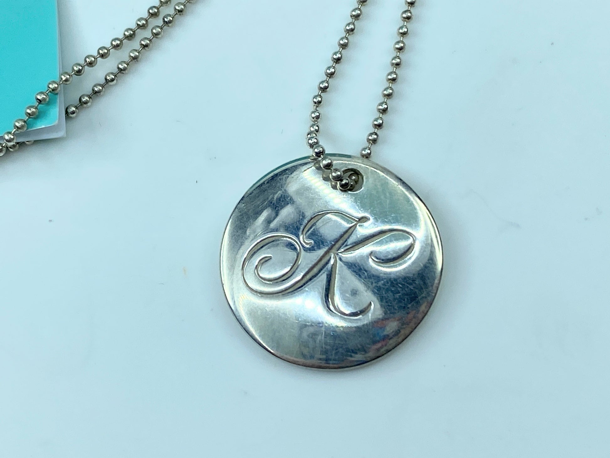 Tiffany & Co Sterling Initial Letter 'K' Circle Disc Pendant Bead Necklace JR347