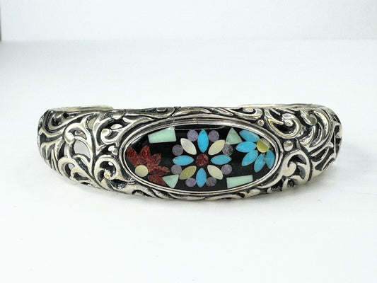 Carolyn Pollack Sterling 925 Mosaic Gemstone inlay cuff bangle 40.0g JR9500