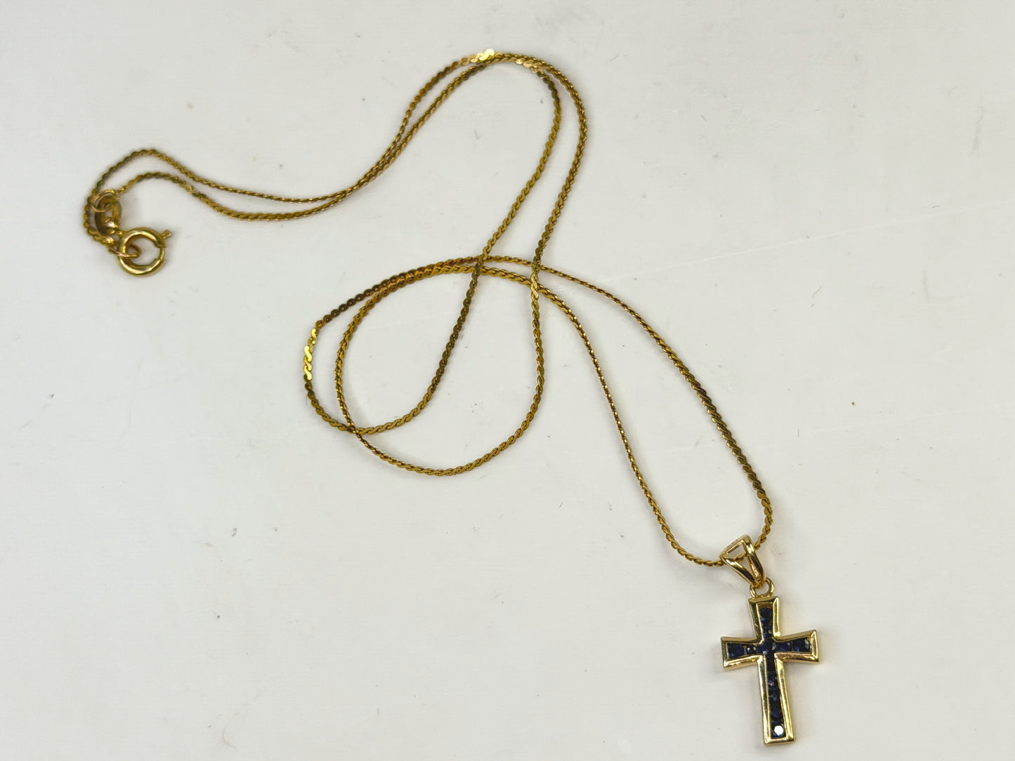 Vintage 14K Gold Pave Sapphire Cross Pendant Necklace 17.5" JR1506