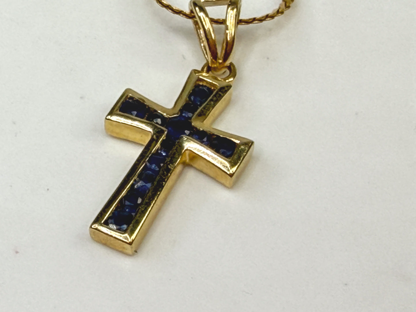 Vintage 14K Gold Pave Sapphire Cross Pendant Necklace 17.5" JR1506