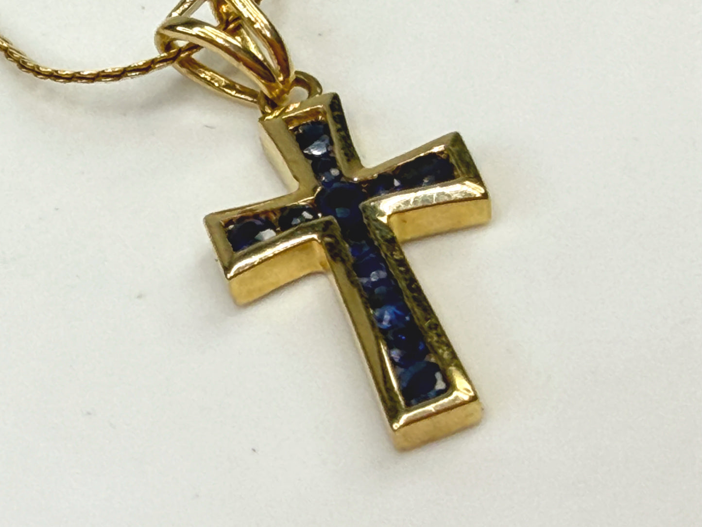 Vintage 14K Gold Pave Sapphire Cross Pendant Necklace 17.5" JR1506
