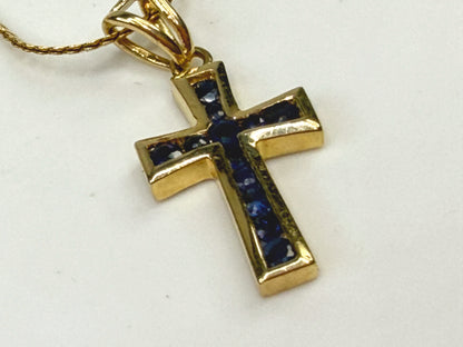 Vintage 14K Gold Pave Sapphire Cross Pendant Necklace 17.5" JR1506