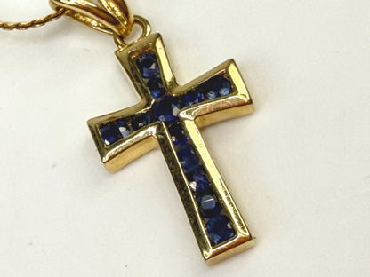 Vintage 14K Gold Pave Sapphire Cross Pendant Necklace 17.5" JR1506